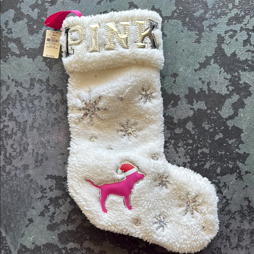 PINK Victoria's Secret Silver and White Cozy Stocking